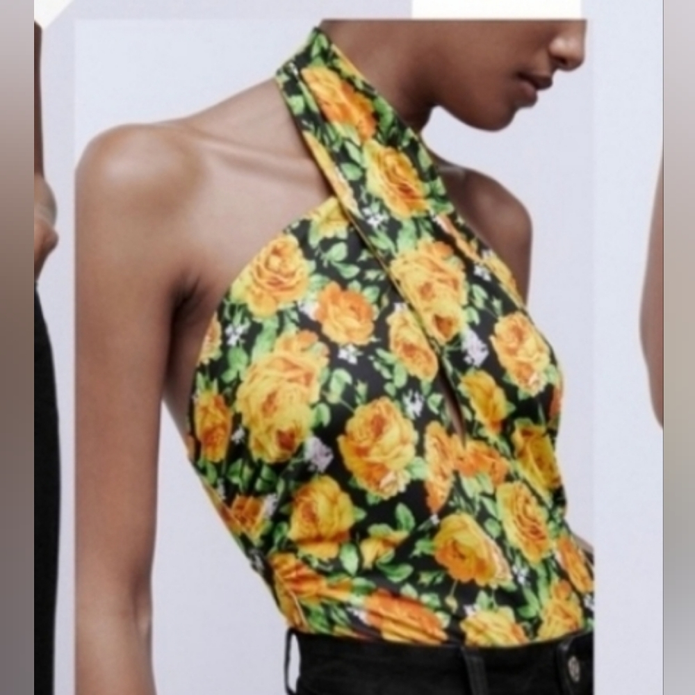 🌞NWOT Zara Twist Cross Neck floral halter Top bodysuit size S/M 0264/455/056 - Picture 2 of 14